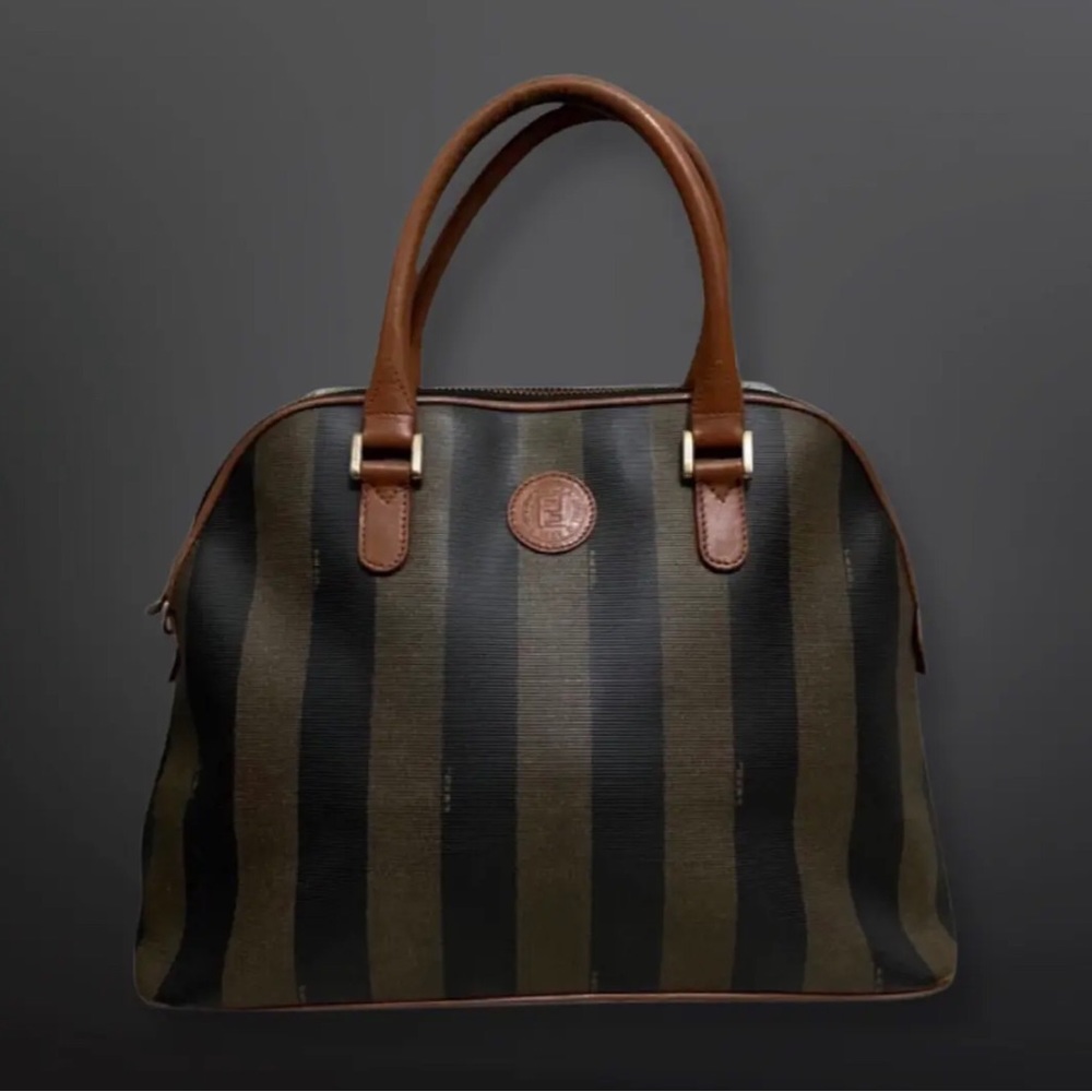 Fendi Vintage Brown Pequin Striped Canvas Leather Tote Handbag